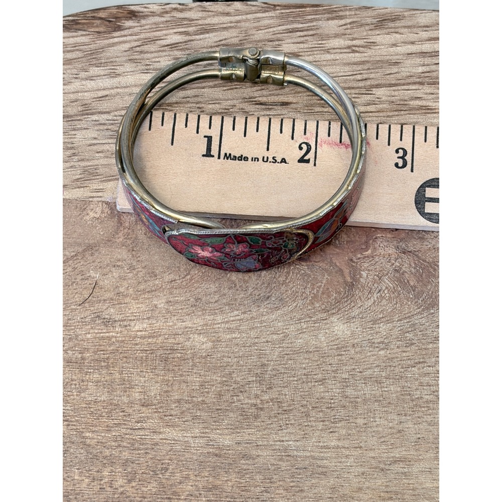 Vintage Red Cloisonne Enamel Butterfly Hinged Bangle Bracelet Floral Boho - Picture 9 of 11